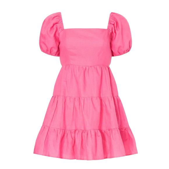 Louna Pink Peasant Babydoll Mini Dress XL Fit n Flare Linen Puff Sleeve $150 - Picture 9 of 13